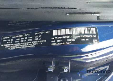 2018 Alfa Romeo Giulia Ti Sport Rwd z USA, uszkodzony, nr VIN ZARFAECN8J7589471